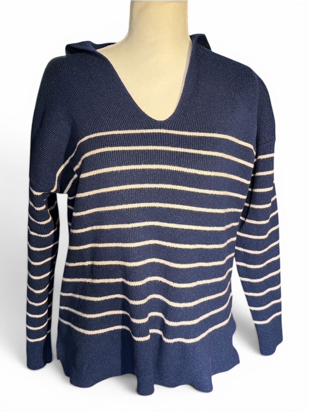 Tahari Navy and Cream Striped V-Neck Hoodie Sweater